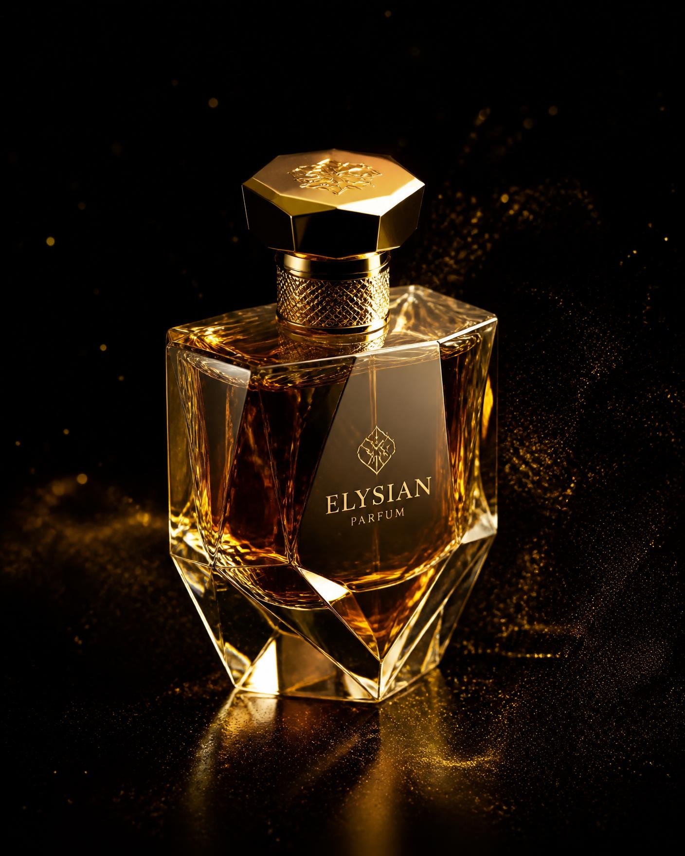 21 Nations faceted crystal perfume bottle with gold cap on a black backdrop